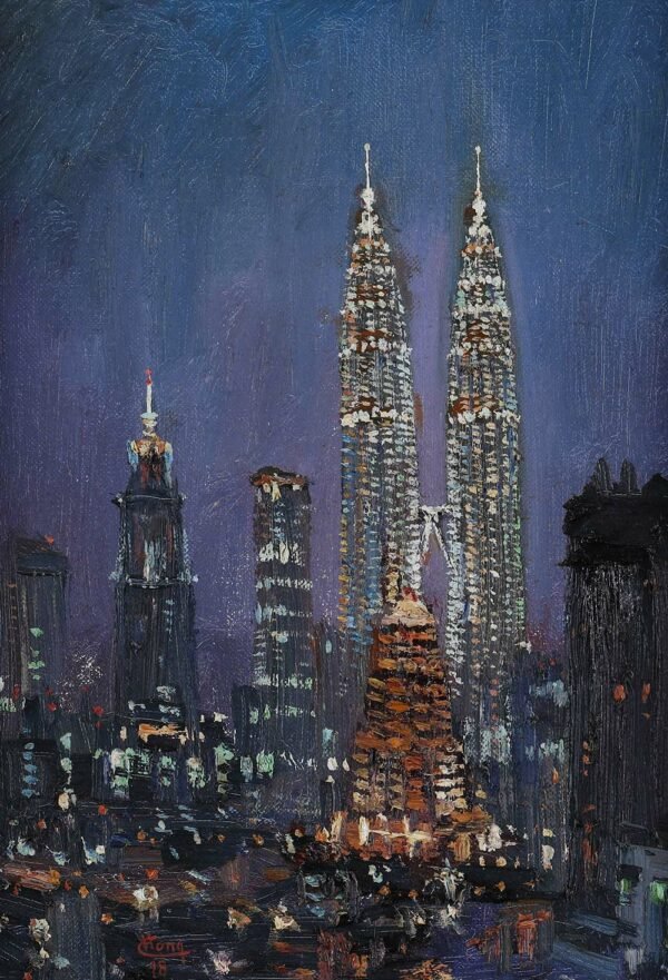 Painting by Chong Hon Fatt, 双峰塔夜景 Twin Towers Night View, 1998, oil on canvas, 38 x 30 cm.