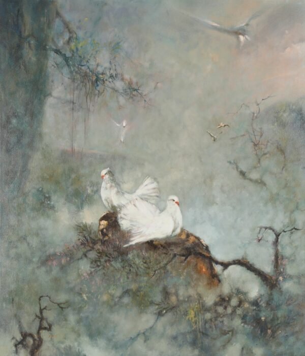 Painting by Fong Kim Sing. Pigeons 鸽子, undated, 105 x 90 cm.