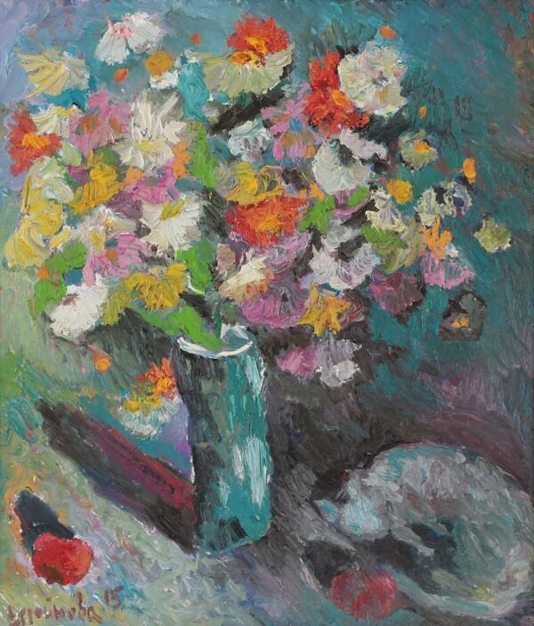 Stroynova, Russian Artist. Flowers with Cat, 2015, oil on canvas, 100 x 90 cm